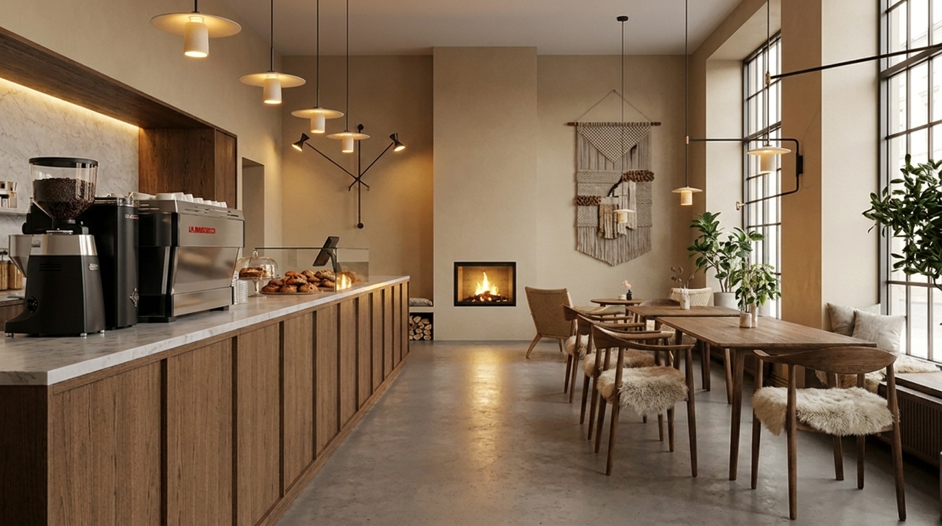 Koppar kafé i Halmstad — skandinavisk kafémiljö med bar, bakverk och ljusa sittplatser